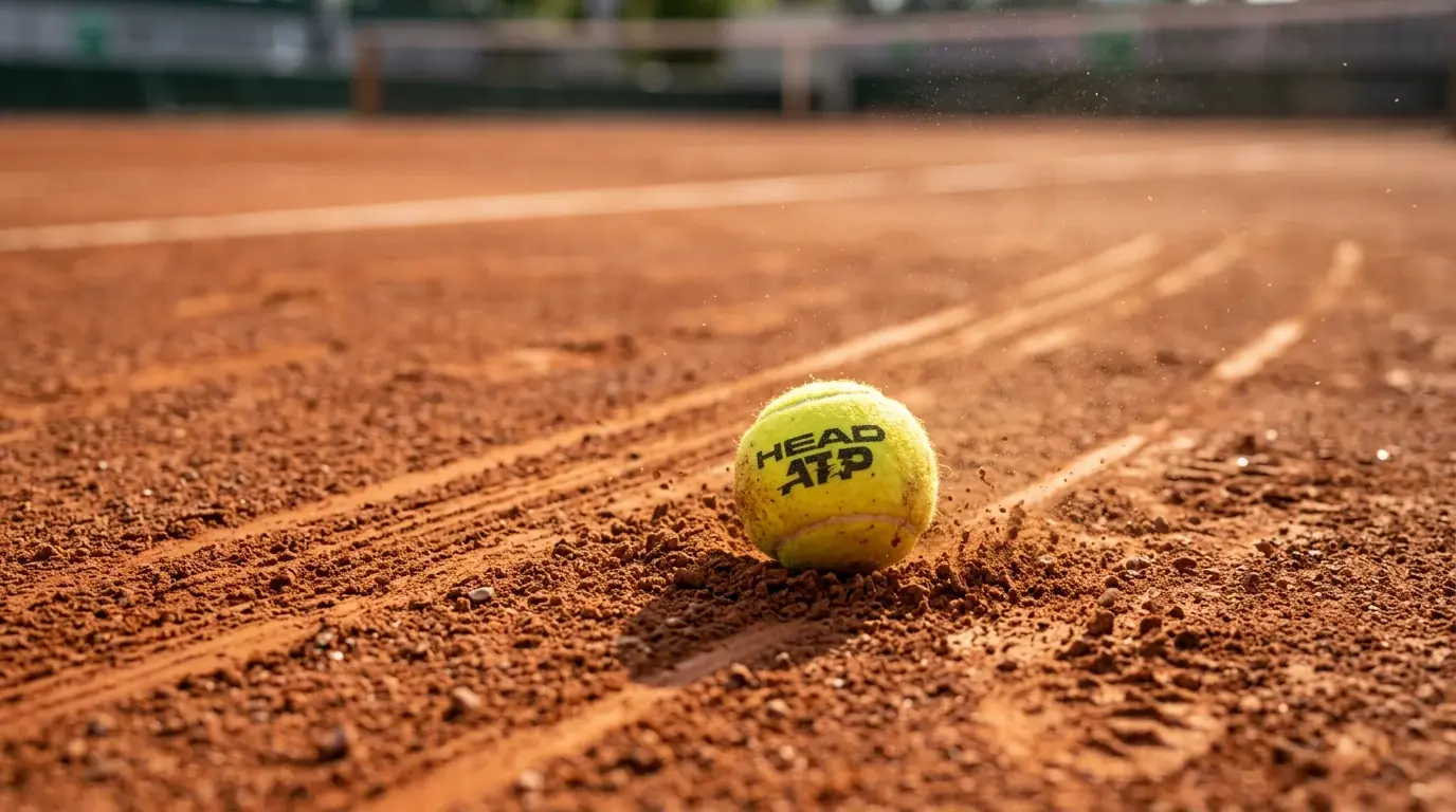 Gravelondergrond close-up met tennisbal en slidesporen op Roland Garros